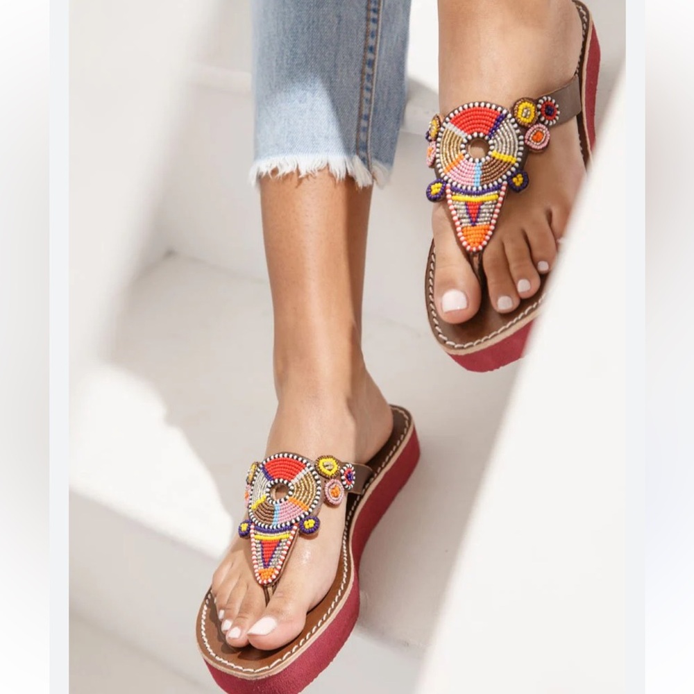 Anthropologie Laidback London Shibli Flip Flop Sandals Leather Beaded Size 41 - Picture 2 of 14